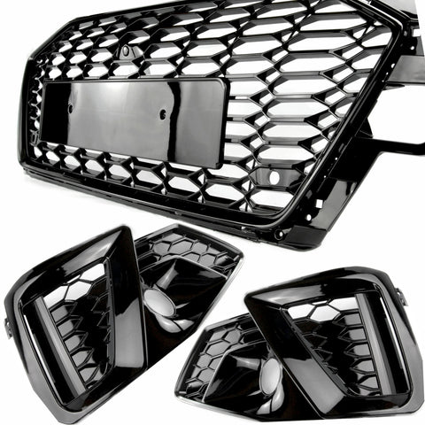 Audi A4 B9 Facelift RS4 Style All Gloss Black Honeycomb Front Bumper Grille and Fog Light Covers Kit