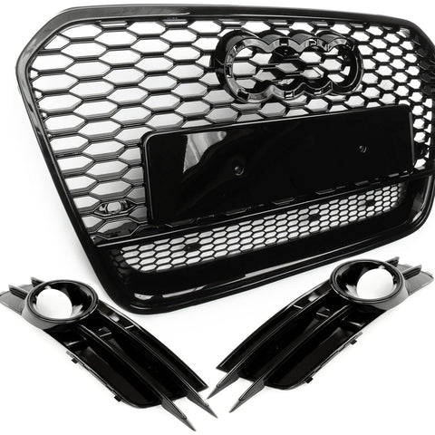 Audi A6 C7 RS6 Style Honeycomb Front Bumper Grilles with Fogs Full 3 Piece Kit