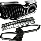 Custom All Gloss Black Front Upper and Lower Bumper Grilles & Fog Light Covers for Skoda Octavia mk3 2013 - 2017