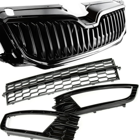 Custom All Gloss Black Front Upper and Lower Bumper Grilles & Fog Light Covers for Skoda Octavia mk3 2013 - 2017