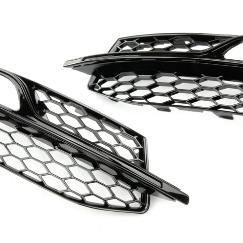 thumbnail interactive-video image 1 of Pair Honeycomb Front Fog Light Grilles For Audi A3 S-Line S3 2013-2016 (Pre-Facelift) – Gloss Black, Replace 8V3807681G 1 of 5