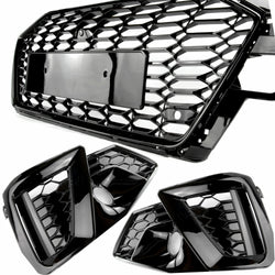 Audi A4 B9 Facelift RS4 Style All Gloss Black Honeycomb Front Bumper Grille and Fog Light Covers Kit