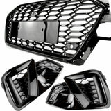 Audi A4 B9 Facelift RS4 Style All Gloss Black Honeycomb Front Bumper Grille and Fog Light Covers Kit
