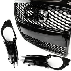 RS3 Style Honeycomb Black Front Grille with Gloss Black Fog Light Covers to fit Audi A3 2005 - 2008 8p