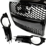 RS3 Style Honeycomb Black Front Grille with Gloss Black Fog Light Covers to fit Audi A3 2005 - 2008 8p