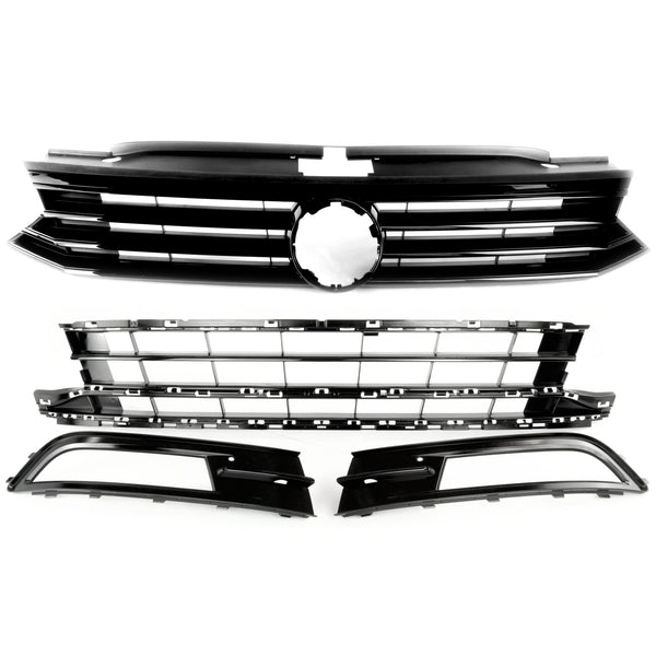 VW Passat B8 All Gloss Black Front Lower Bumper Grilles Set