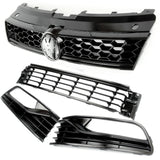 All Gloss Black VW Polo 6R 6C Honeycomb Top Grille & Lower Grilles Fog Covers Kit